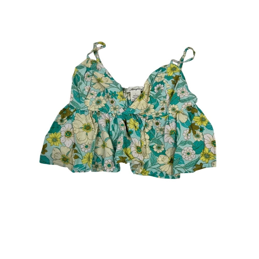Passport‎ Women Floral Babydoll Cami Top Teal Yellow Retro Boho Rayon Large